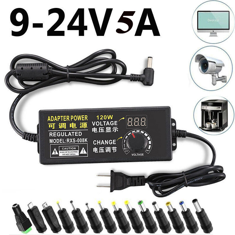120W Adjustable Voltage Power Supply Adapter Transformer with 15 Plugs 9V-24V 5A