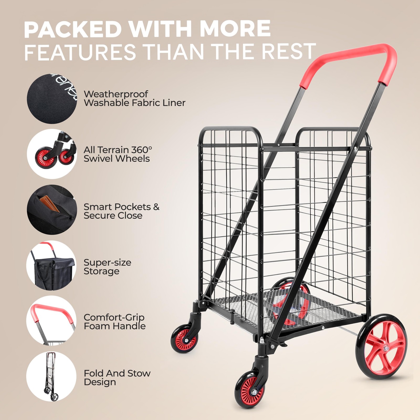 Serenelife Large Folding Utility Shopping Cart Removable Duty 360 Swivel Wheels