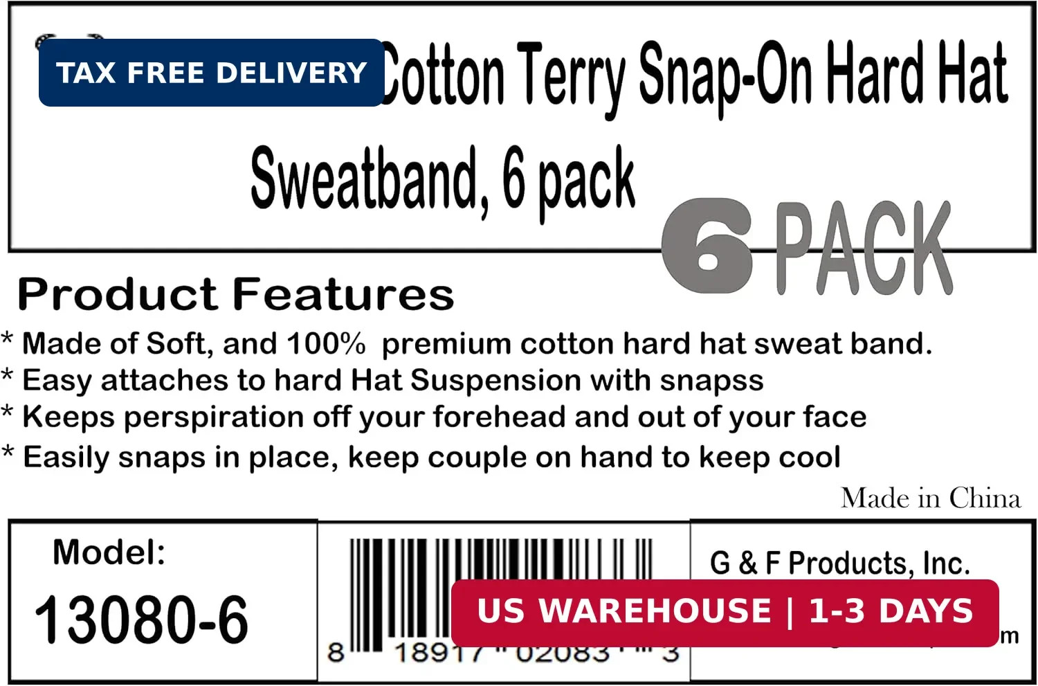 G & F Products Hard Hat Sweatband, 6-Pack Snap-On Liner, 100% Cotton, Washable,