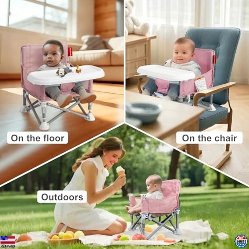 Tiny Marvels 3-in-1 Portable Baby Booster Seat with Tray, Foldable & Safety Belt