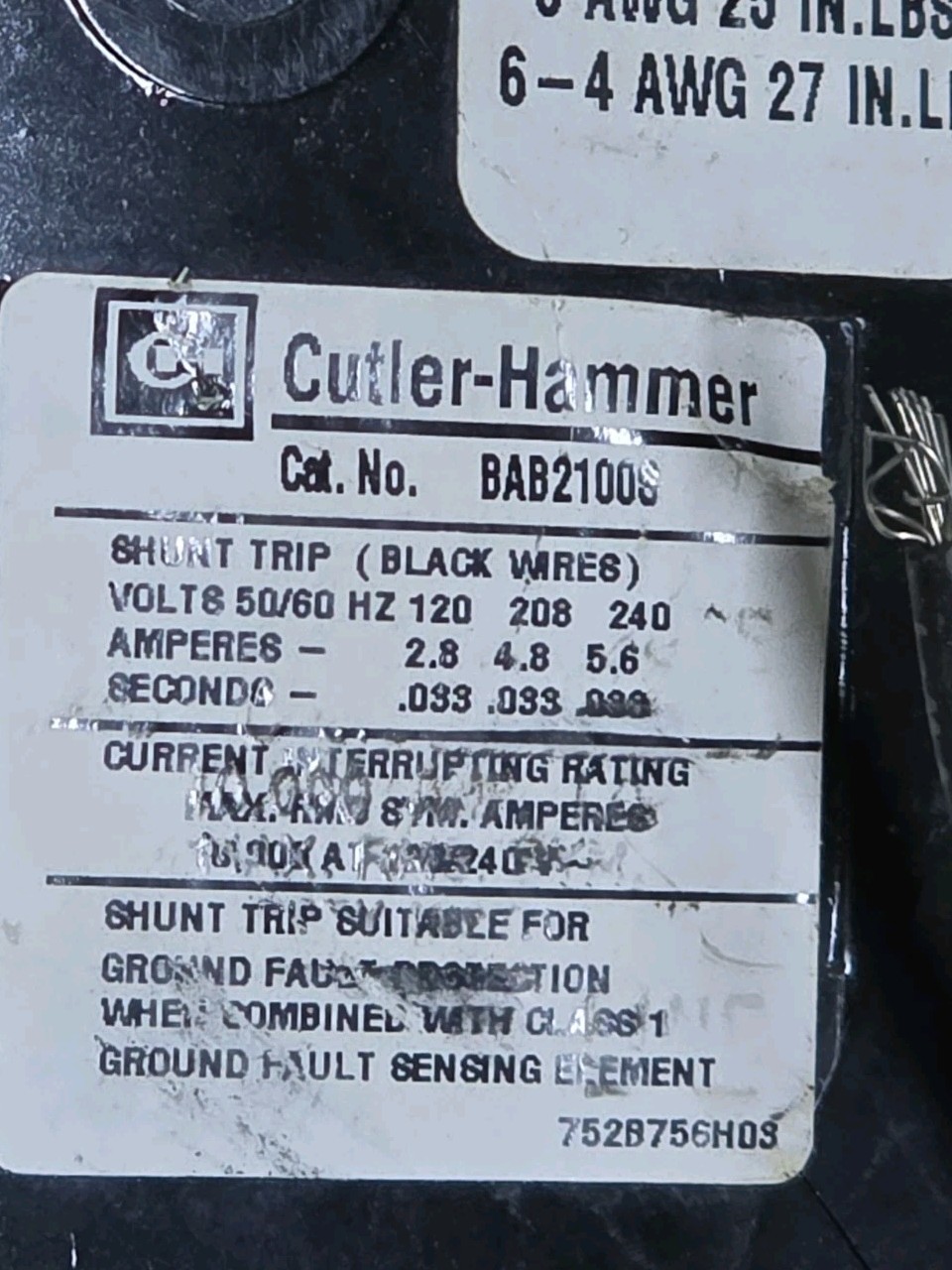 Eaton BAB2100S 100 Amp Shunt Trip Breaker Bolt-On 100 Amp 2 Pole 120/240v