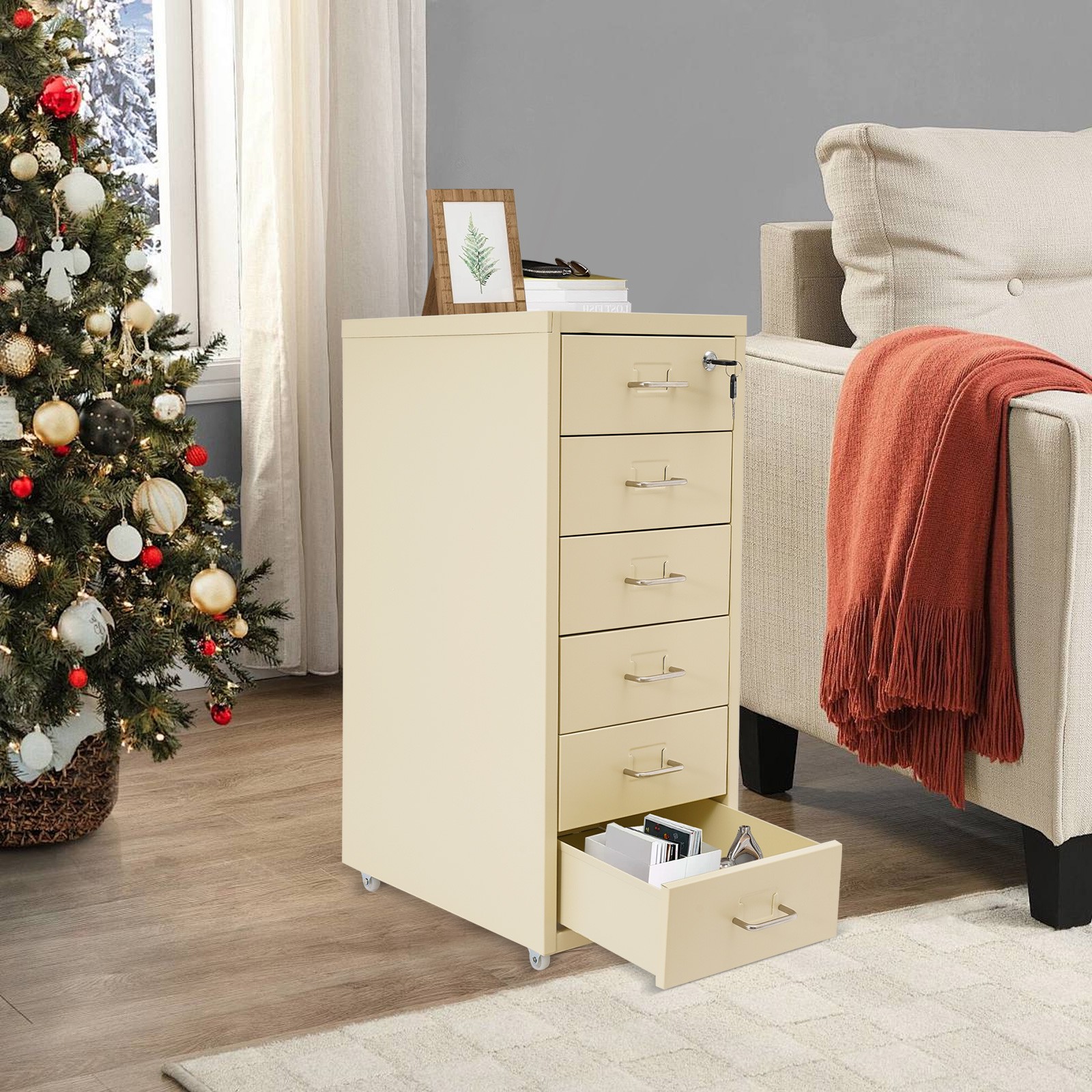 6 Drawer Beige Vertical Metal File Cabinet with Lock and Rolling Wheels for Home