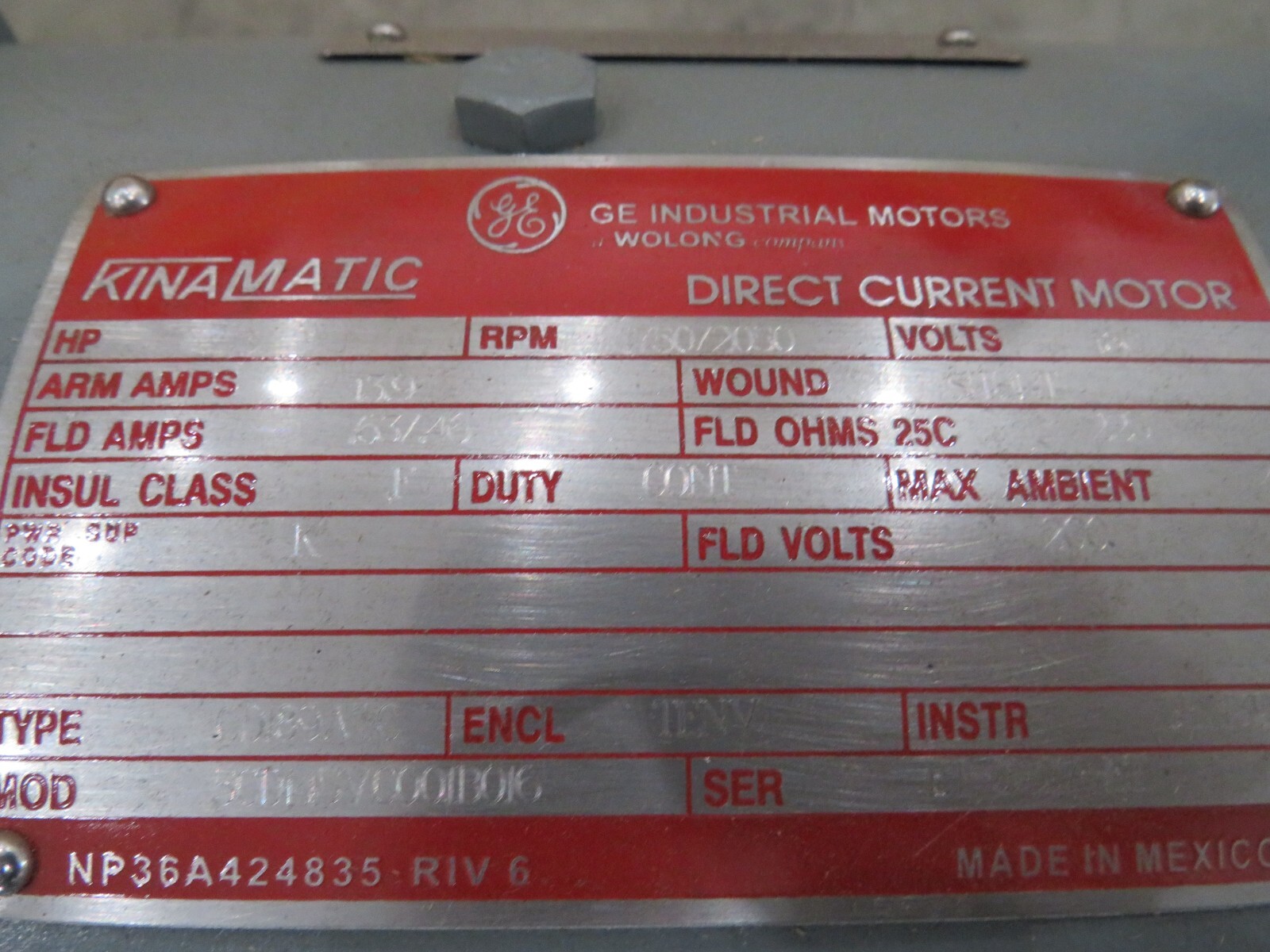 GE Kinamatic DC Motor 3HP Type CD189ATC Model 5CD145VC001B016