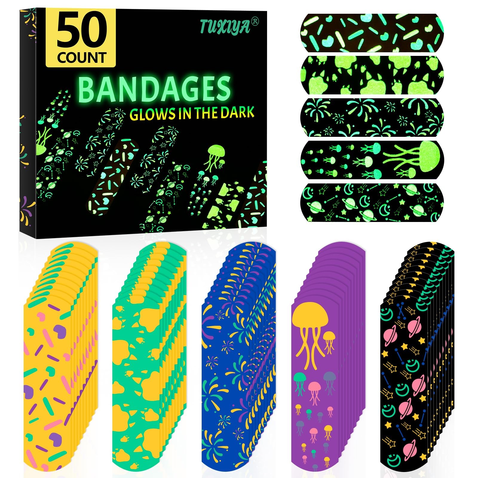 50 Count Kids Bandaids, Glow in The Dark & 50 Count, Assorted Patterns