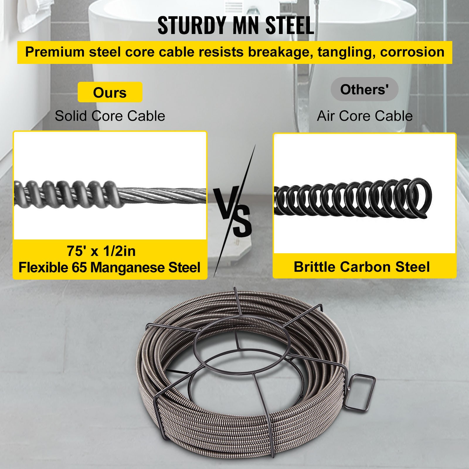 VEVOR Drain Cable Sewer Cable 75Ft 1/2In Drain Cleaning Cable Auger Snake Pipe