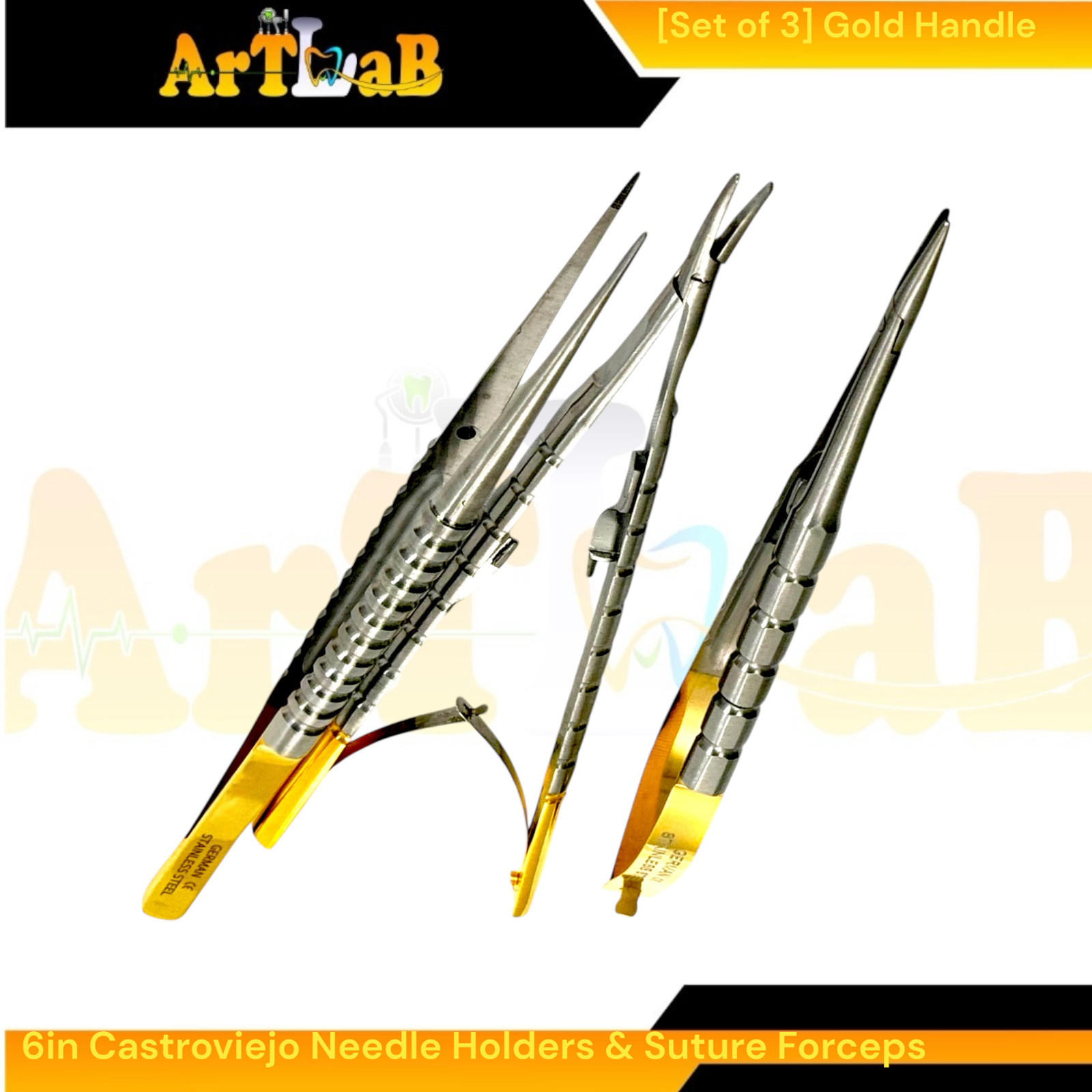Set of 3 Castroviejo Needle Drivers Cur & Str + Suture Tying Forceps w/Guide Pin