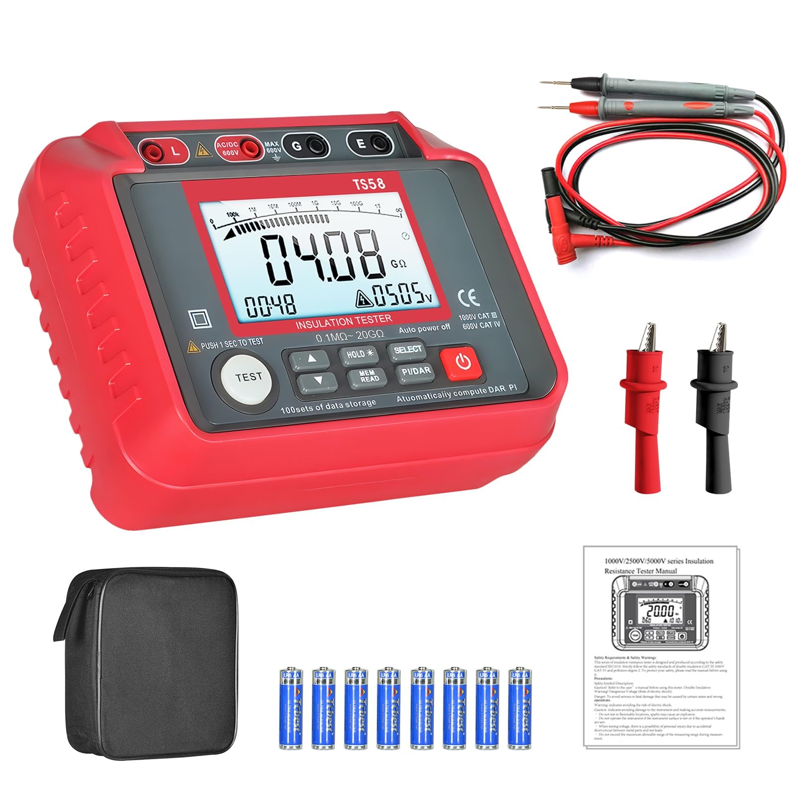 Megohmmeter 0.1MΩ-20GΩ Digital Insulation Resistance Tester with 50V/100V/250…