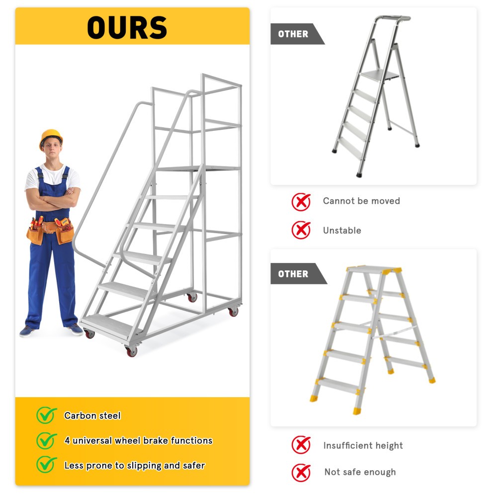 6 Step Rolling Warehouse Step Ladder, Movable Platform Ladder with Locking Wheel