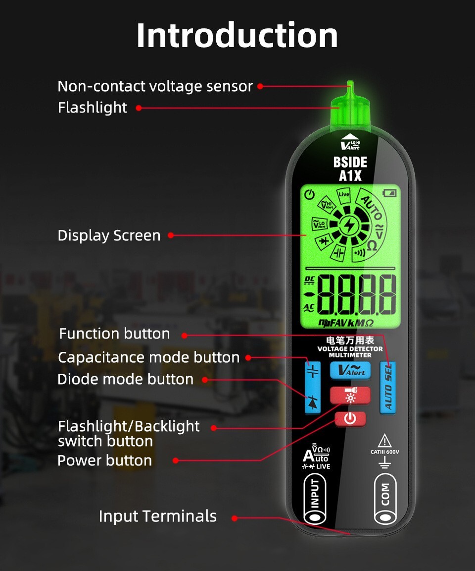 Multimeter AC/DC V Ω F Diode NCV Live Neutral Wire Check Flashlight Li-Battery