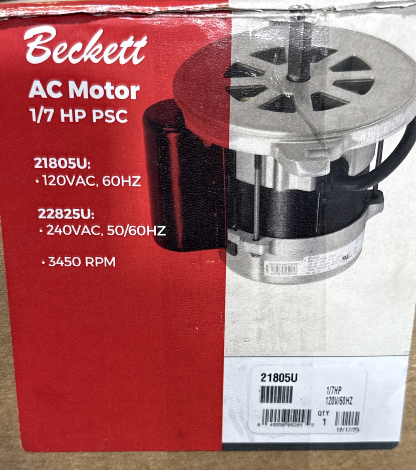 21805U BECKETT MOTOR 1/7HP 3450 RPM BALL BEARING BEARINGS 48M FRAME New