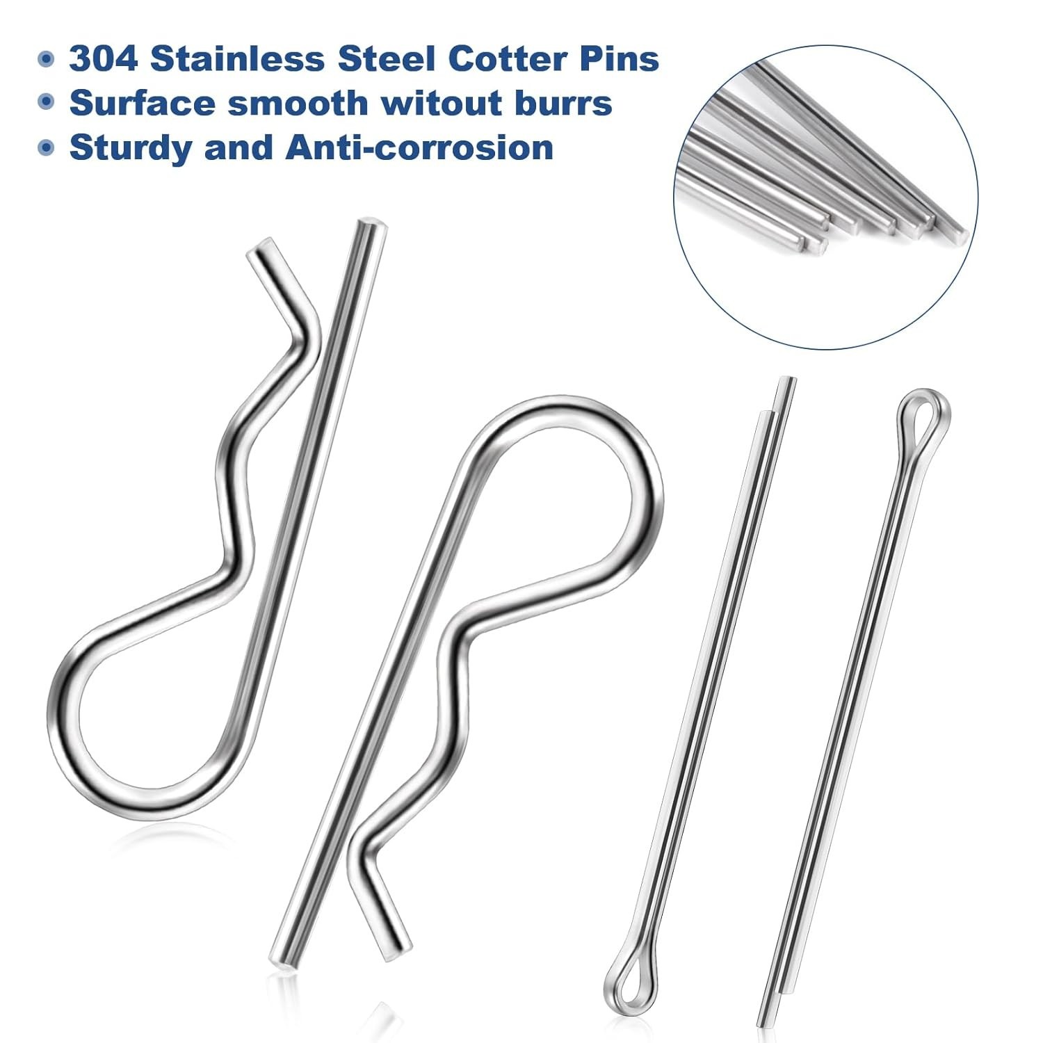 86 PCS Cotter Pin Assortment Kit, 10 Sizes Stainless Steel Cotter Pins & R Clips