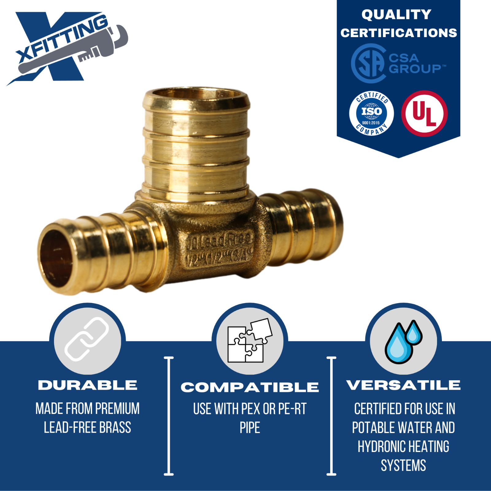 100 PIECES 1/2″ X 1/2″ X 3/4″ PEX TEE BRASS CRIMP FITTINGS ( LEAD FREE )