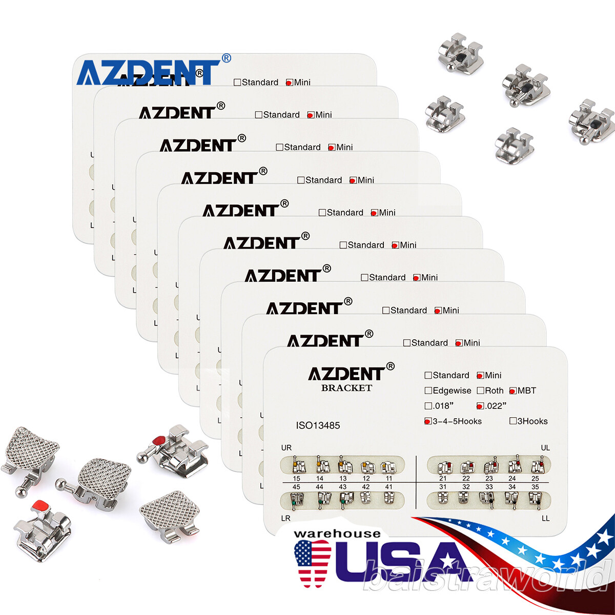 10Pack AZDENT Dental Orthodontic Brackets Braces Mini MBT Slot 022 Hooks 3-4-5