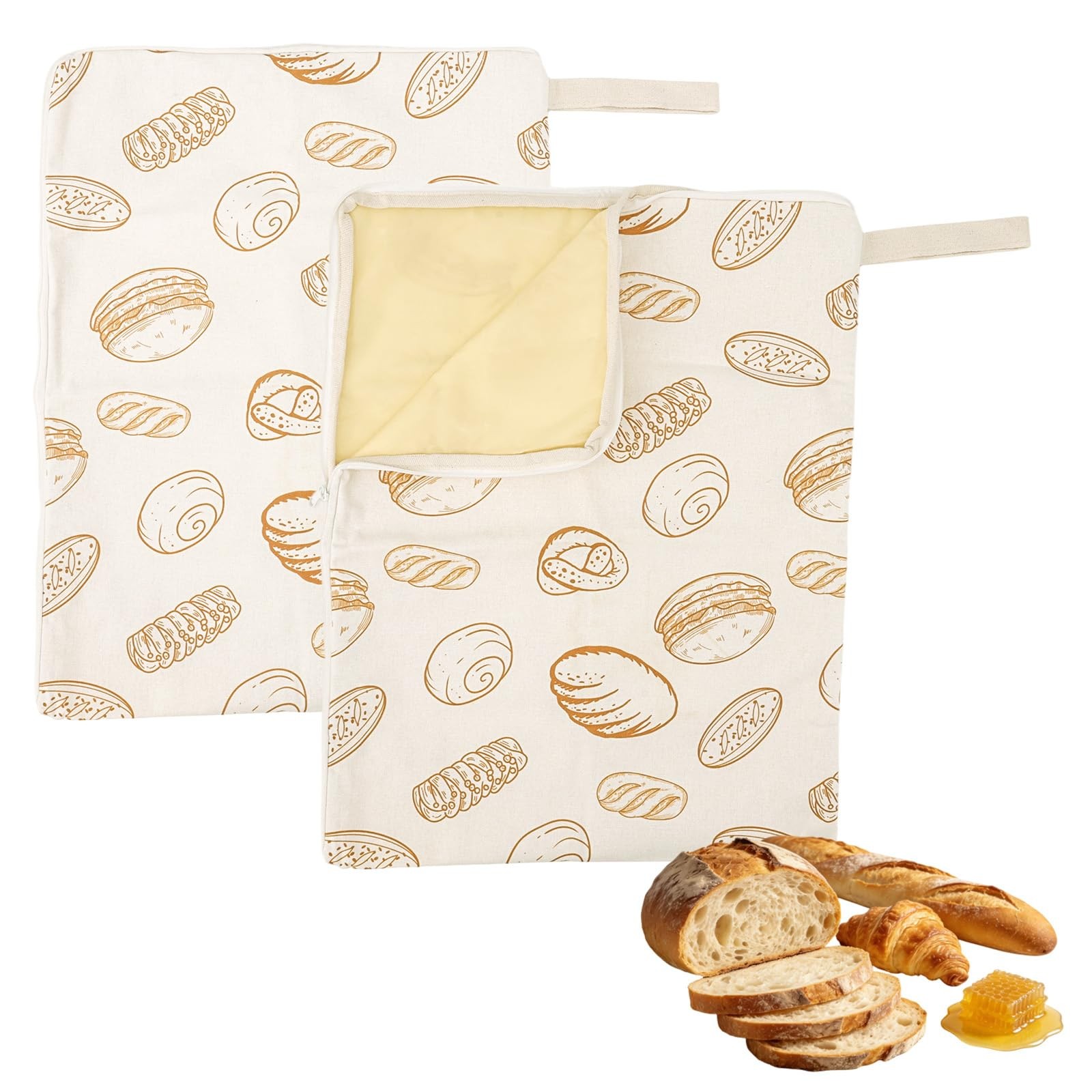 2pcs Wide Zipper Access Beeswax Bread Bag, 16.93 x 13.11 inches, brown, white