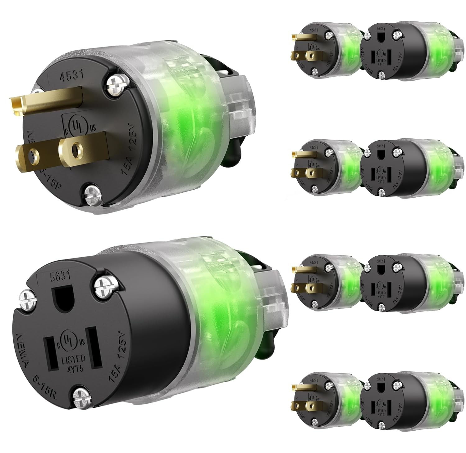 EPLESFTON 5 Set Lighted Extension Cord Ends, 15A 125V Black