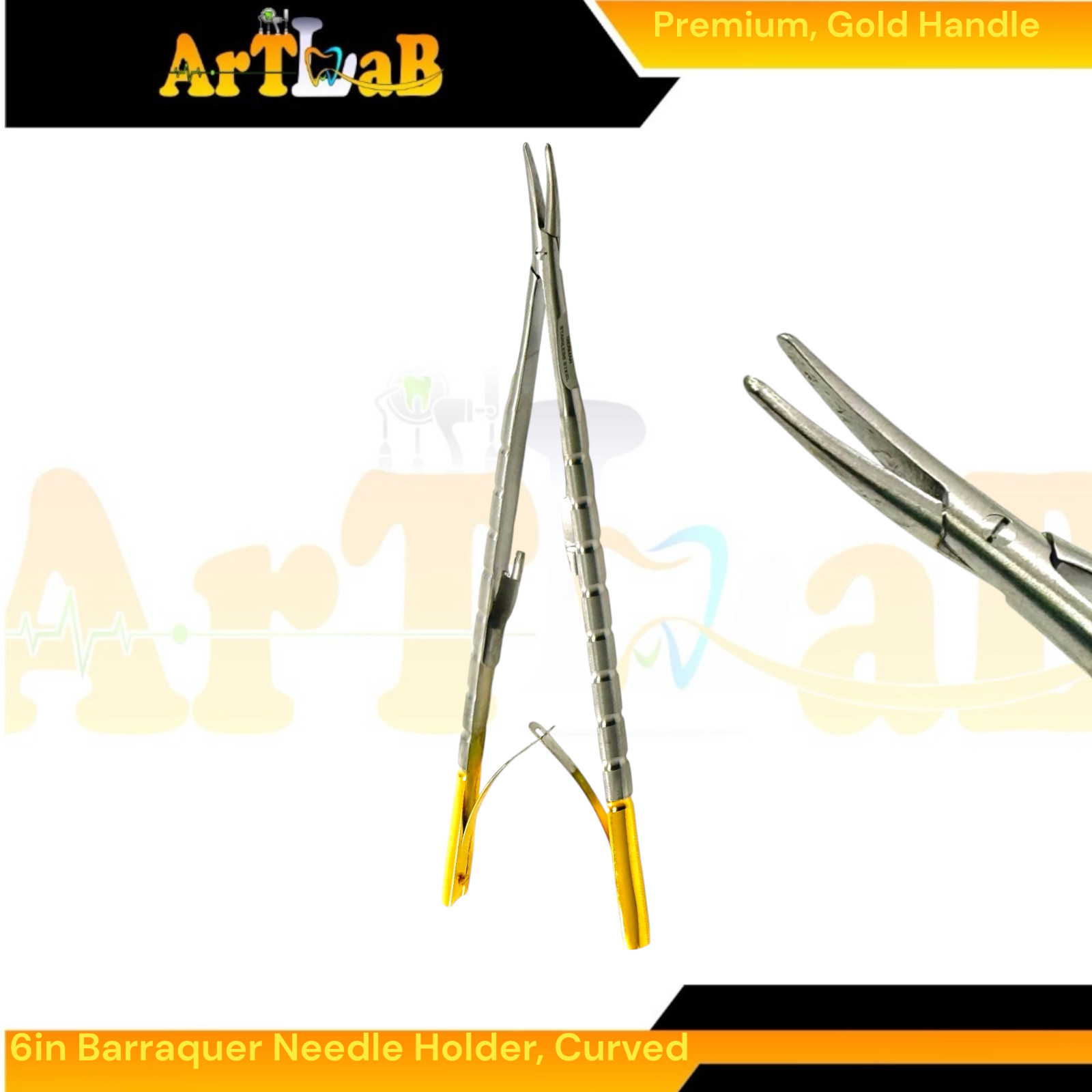 6in Castroviejo-Barraquer Micro Needle Holder, Curved Smooth Tips & Lock Handle