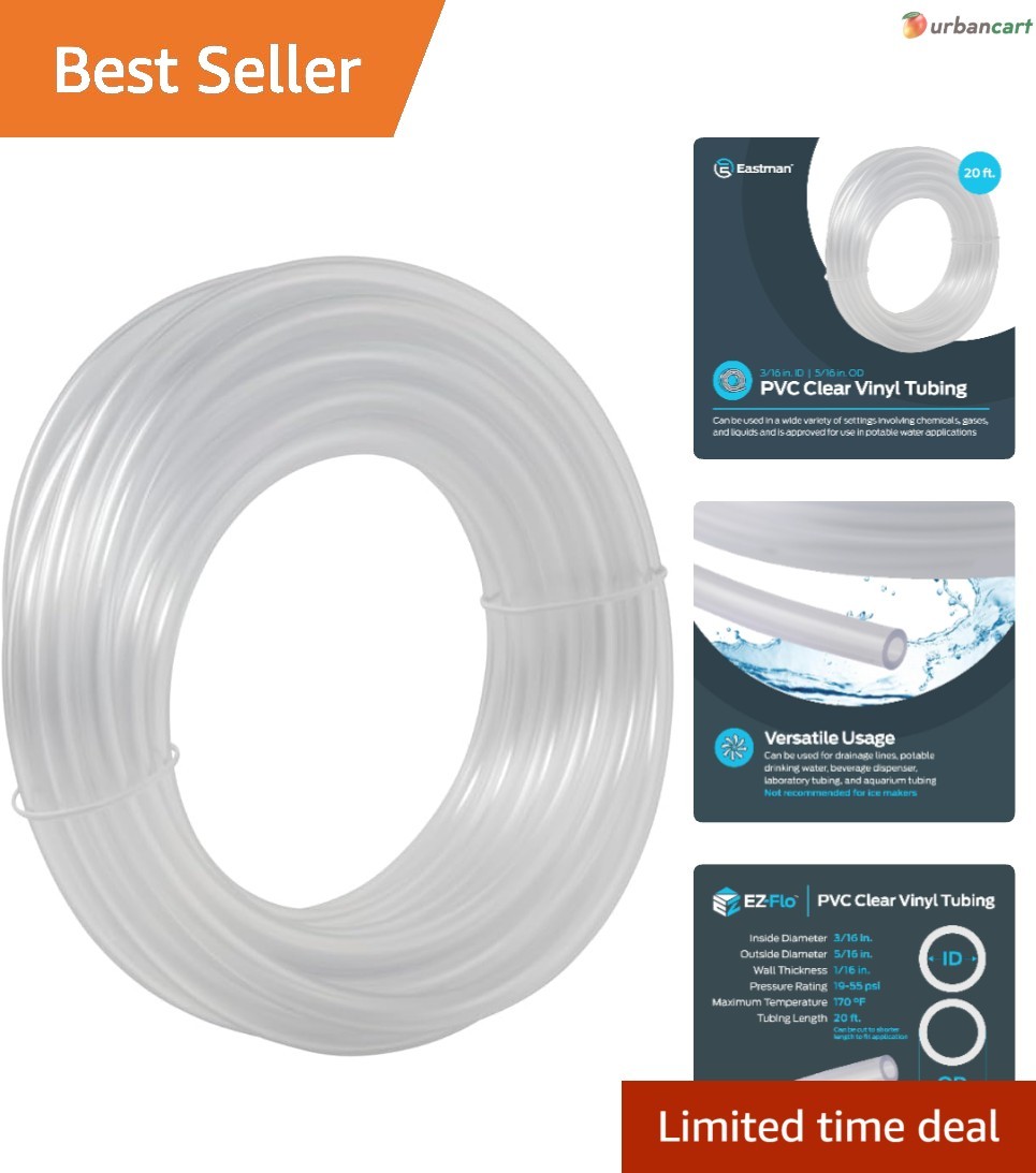 Clear Vinyl PVC Tubing 20ft, 3/16″ ID x 5/16″ OD, Low Pressure