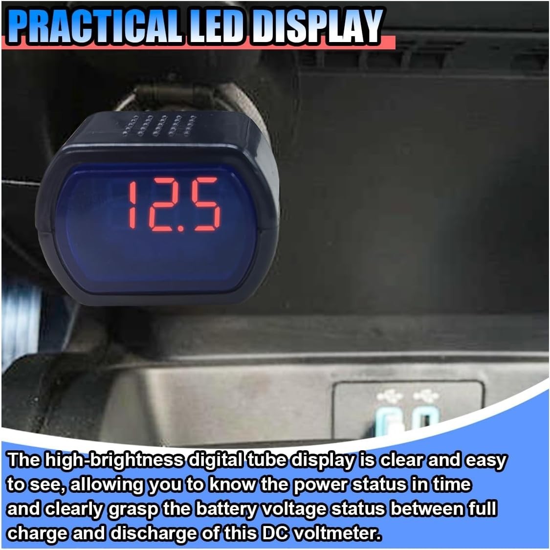 Car LED Digital Voltmeter, DC 12V/24V Cigarette Lighter Voltage Meter, Volt Gaug