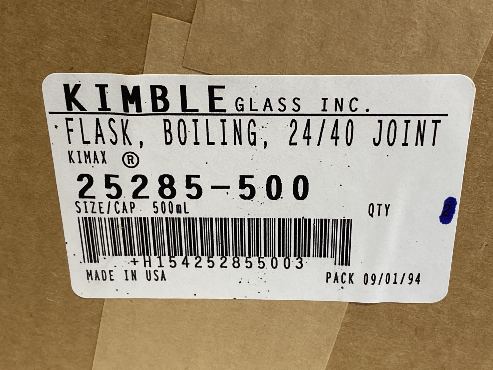 New KIMAX Glass 500mL 24/40 Single Neck Round Bottom Flask 25285-500