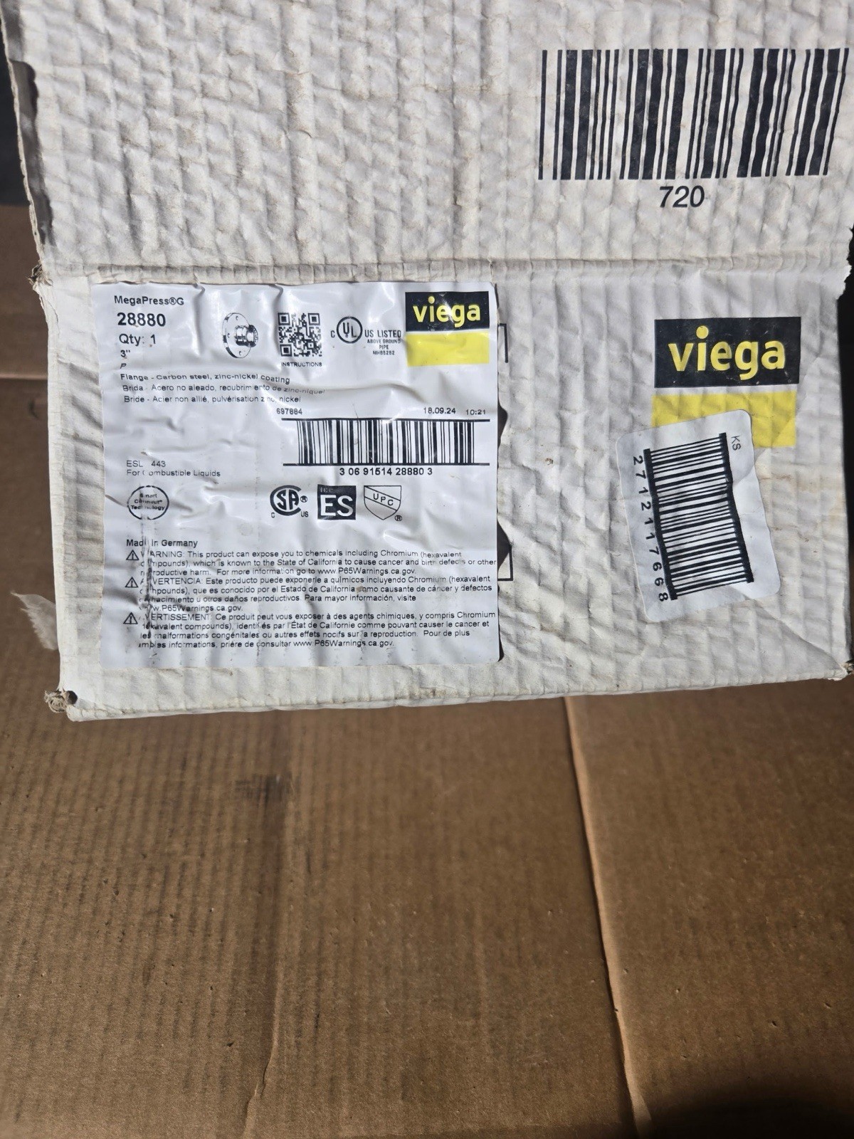 3” Pipe Viega 28880 MegaPressG Steel Gas Press X Flange 4 Bolt Adapter 6659.5XL