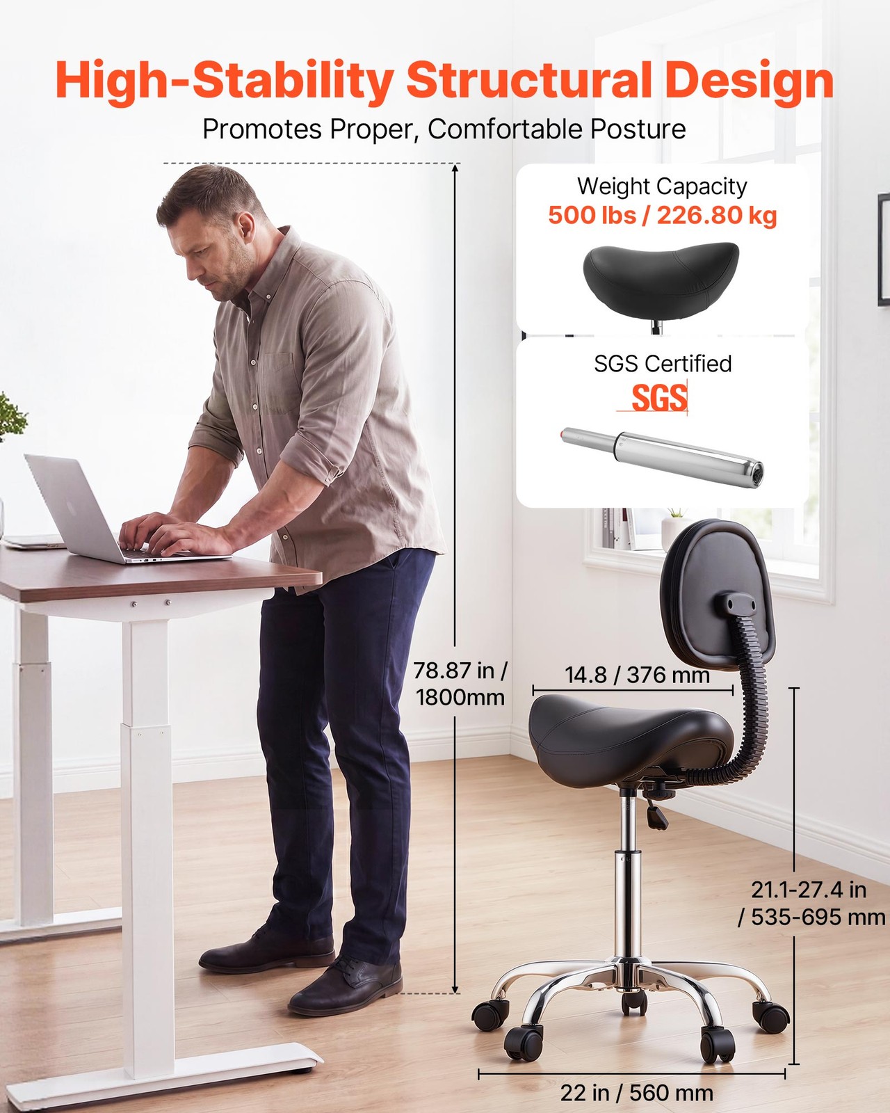 VEVOR Saddle Stool with Back Support 500 lbs Weight Capacity Height Adjustable