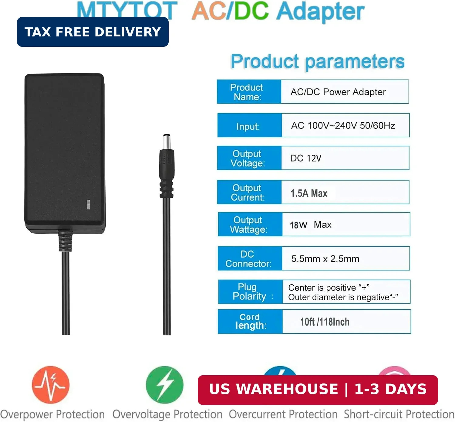 12V 1.5Amp DC Power Supply AC/DC Adapter 100-240 50/60Hz to 12 Volts Power Suppl