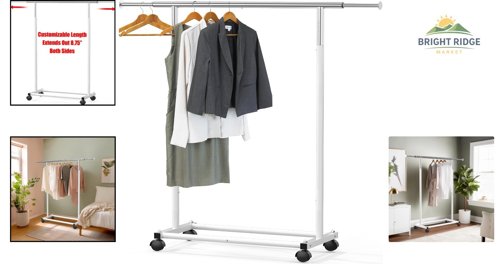 Extendable Clothing Rack with Rolling Wheels, Adjustable Width 30 to 47 Inches