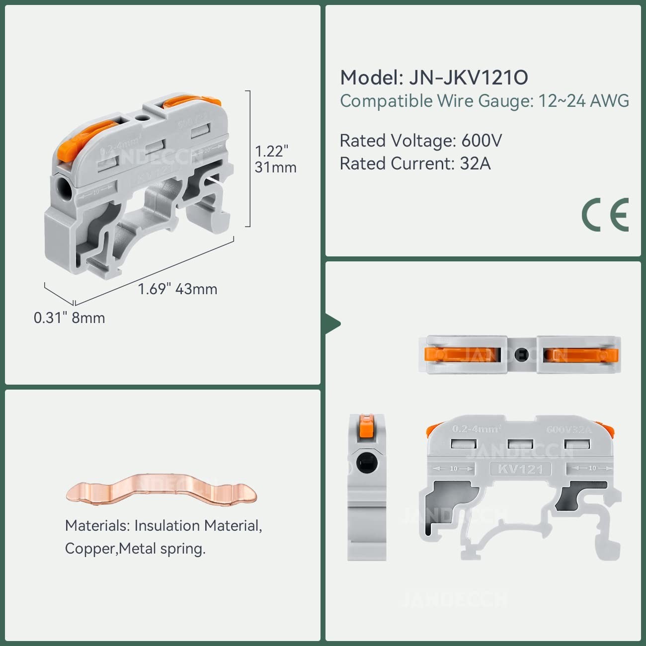 50 Pack Din Rail Terminal Blocks Compact Wire Conductor Wiring Connectors For 24