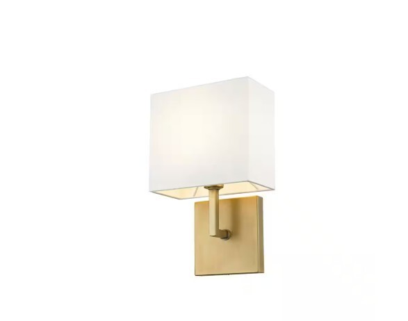 Saxon 7 in. 1-Light Rubbed Brass Interior Wall Sconce with White Fabric Shade