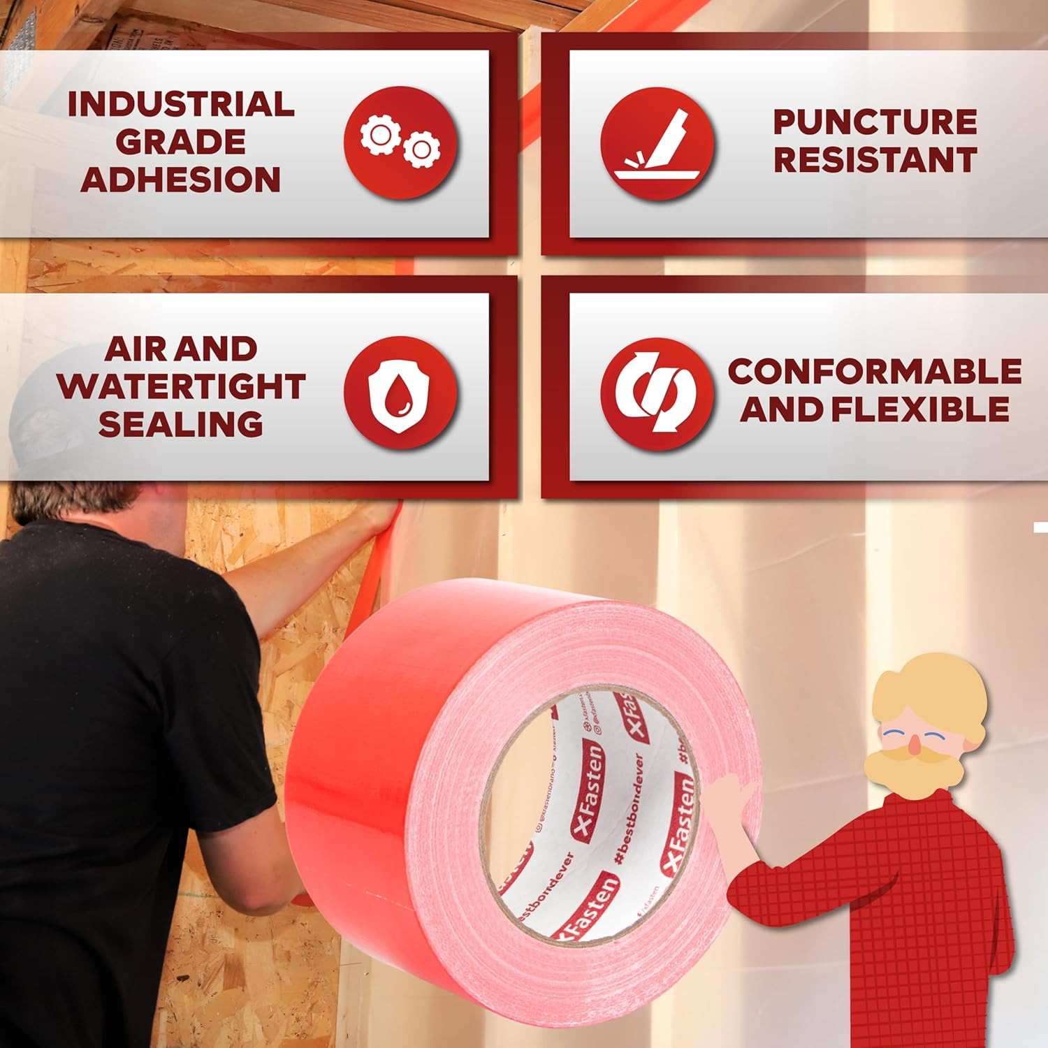 Construction Seaming Tape Red 3”X55Yds Sheathing Tape for Epoxy Resin