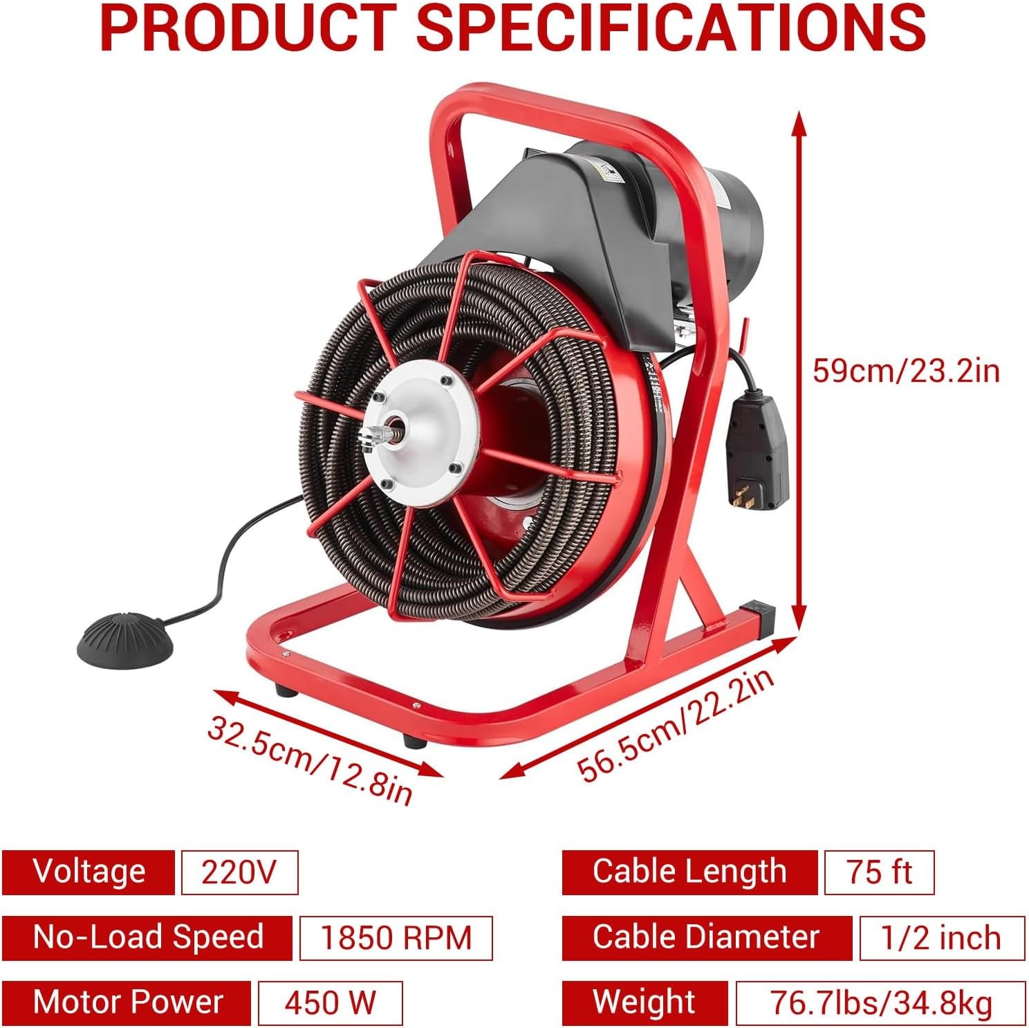 Drain Cleaner Machine Electric Drain Auger 75 FT x 1/2 In Auto Feed 1850RPM 450W
