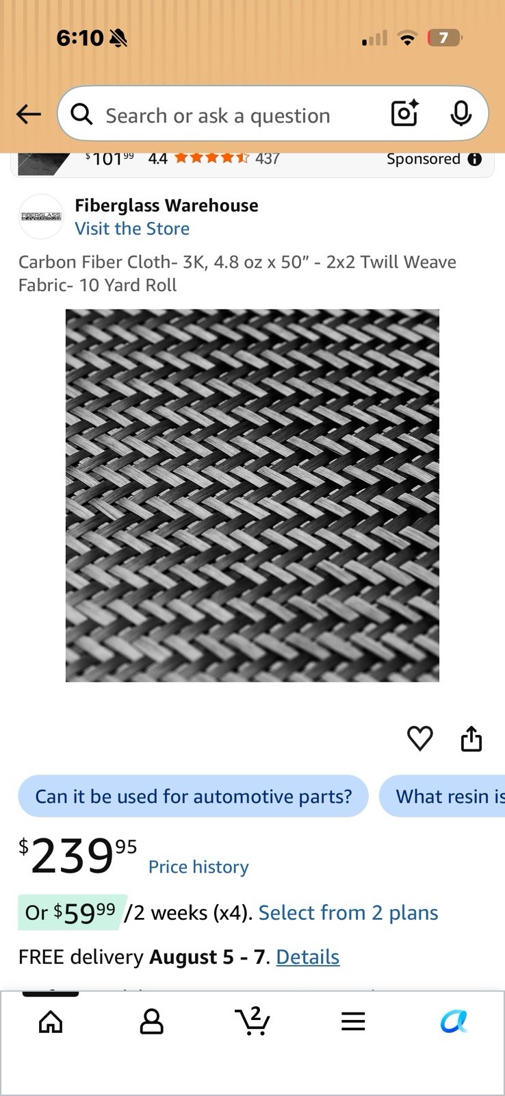 Carbon Fiber 6.2oz Twill 50” 10yd Roll