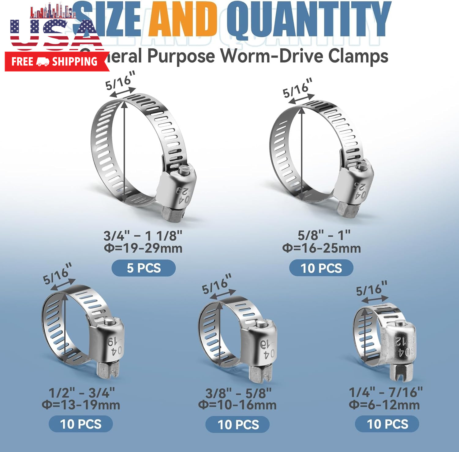 45PCS Hose Clamp Assortment Kit – Stainless Steel Hose Clamps with Worm Gear, Ad