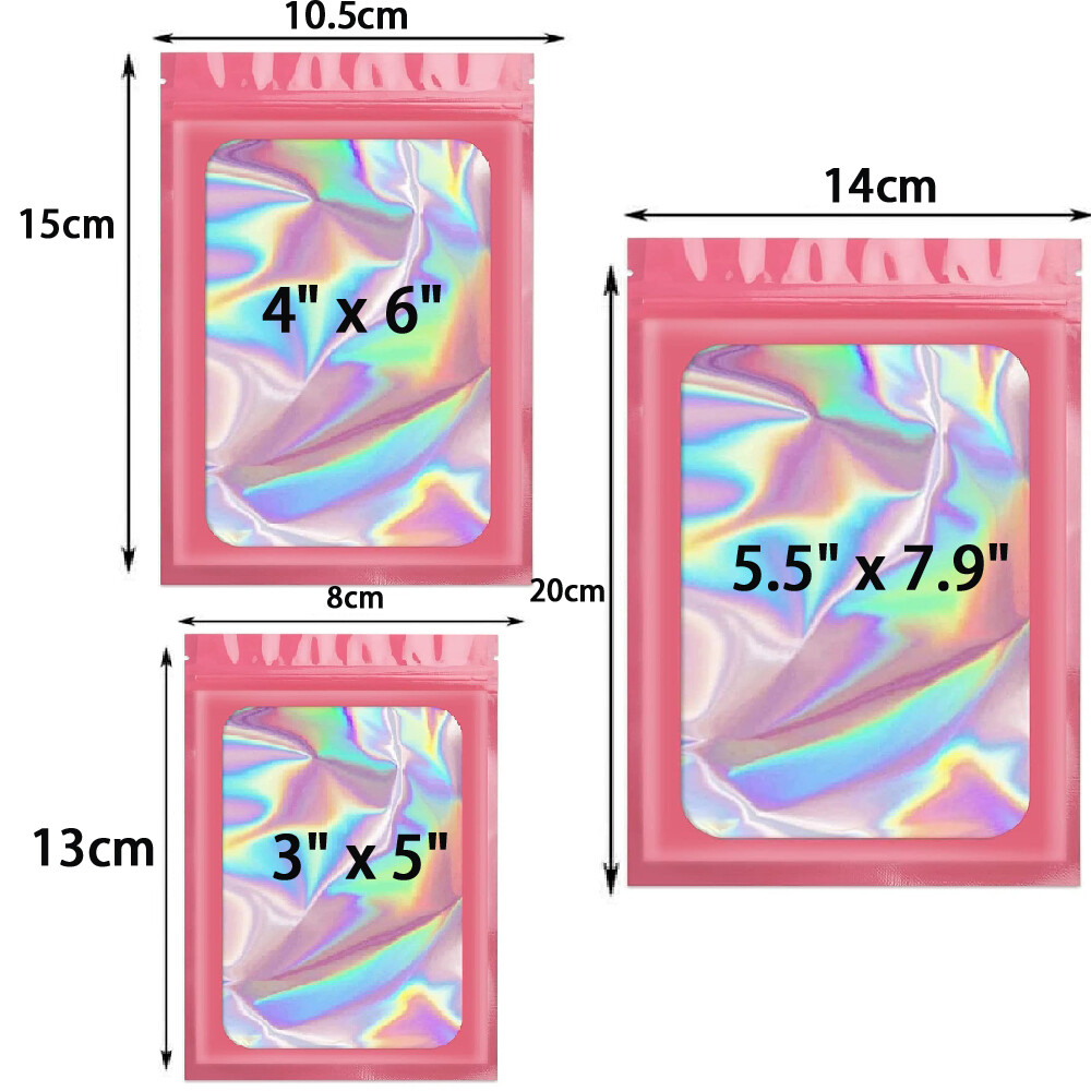 100 Holographic Mylar Foil Bags Smell Proof Resealable Zip Seal Pouches Gradient