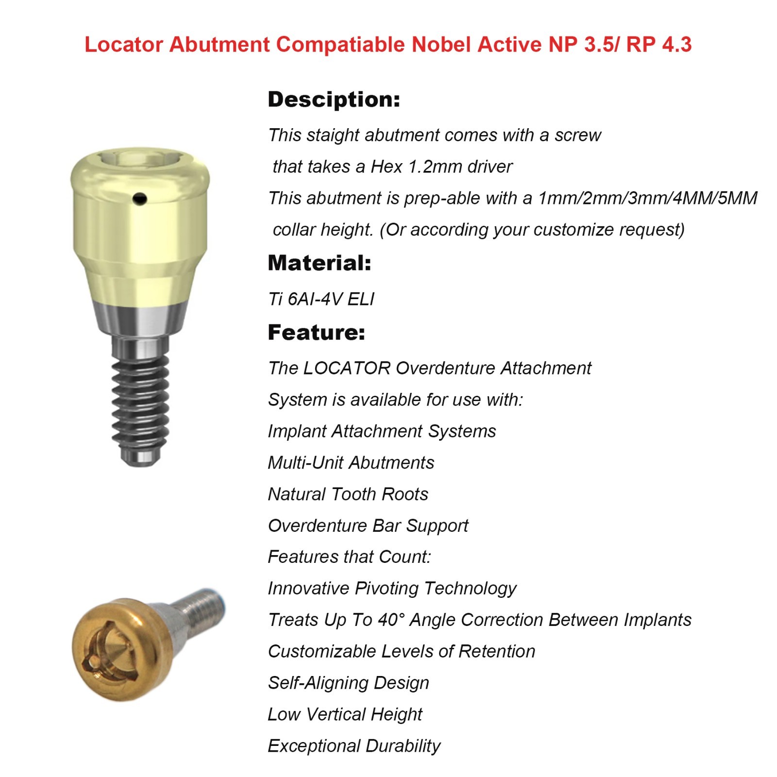 US Locator Accessory For Nobel Dental Core Implant Tool Abutment Cap Replacement