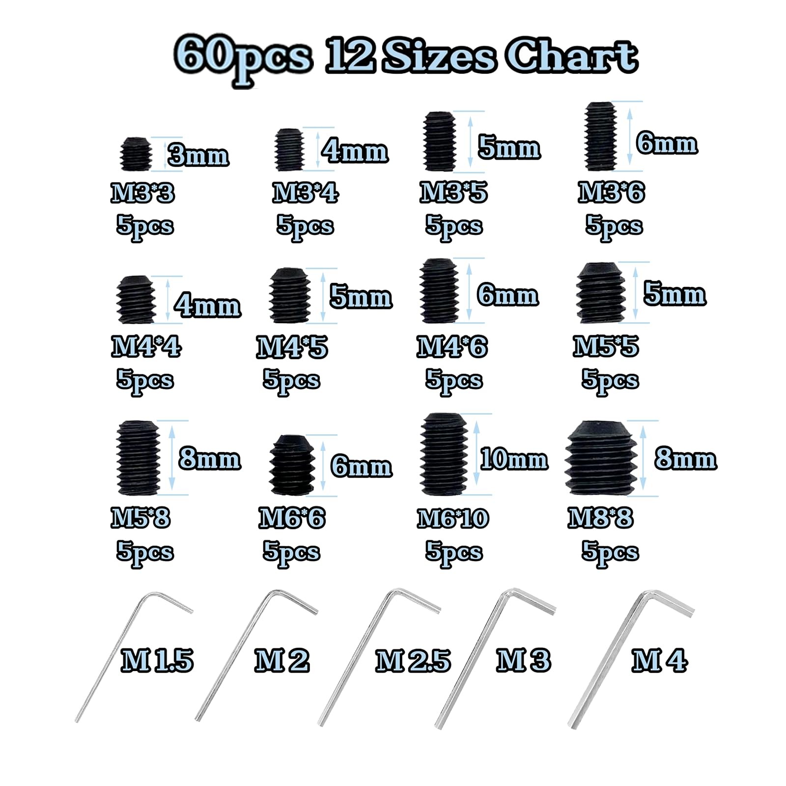 60pcs Set Screws, Set Screws Assortment Kit, Grub Screws M3 M4 M5 M6 M8 for H…