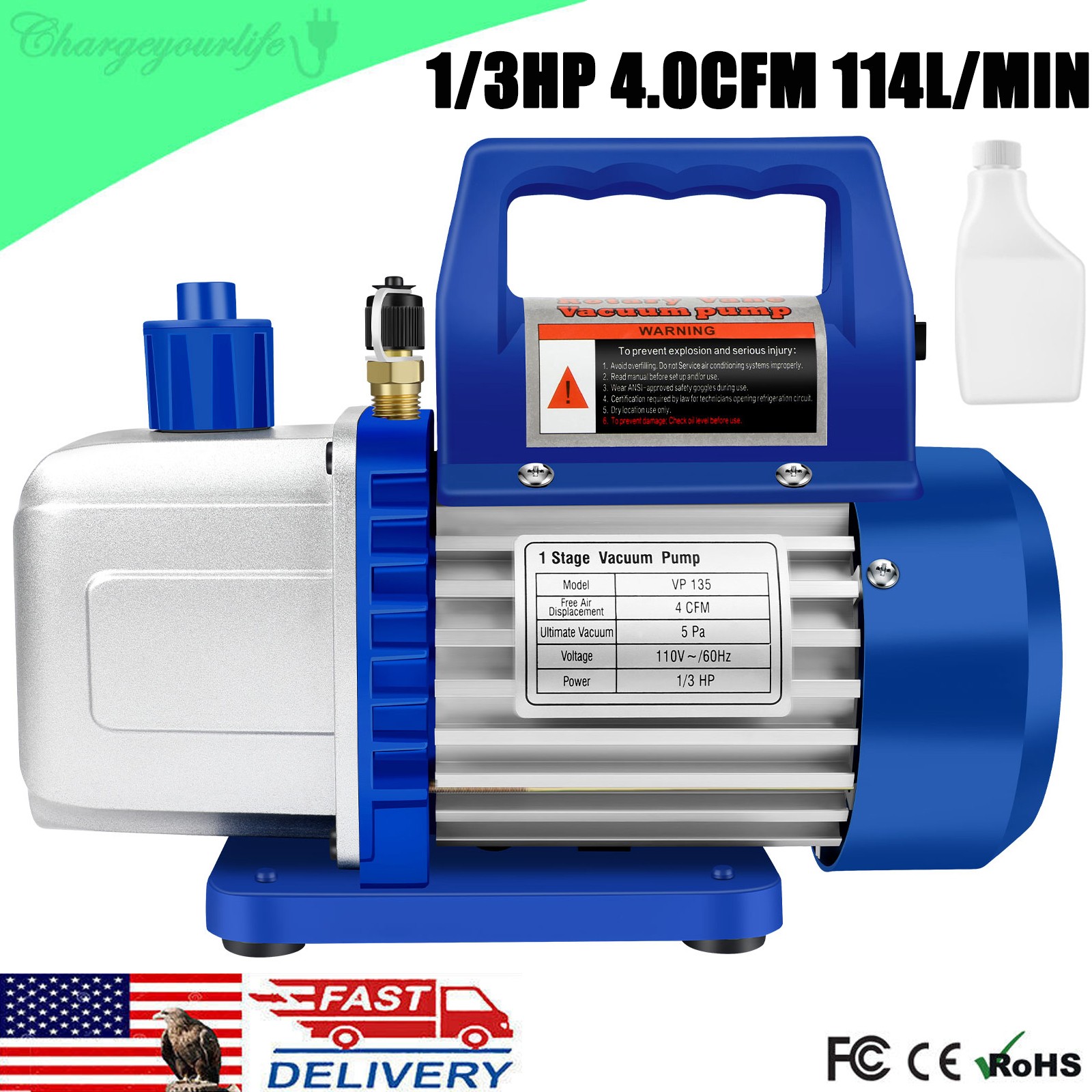1/3HP 4CFM 1 Stage Vacuum Pump HVAC Refrigeration Air Conditioning Rotary Vane