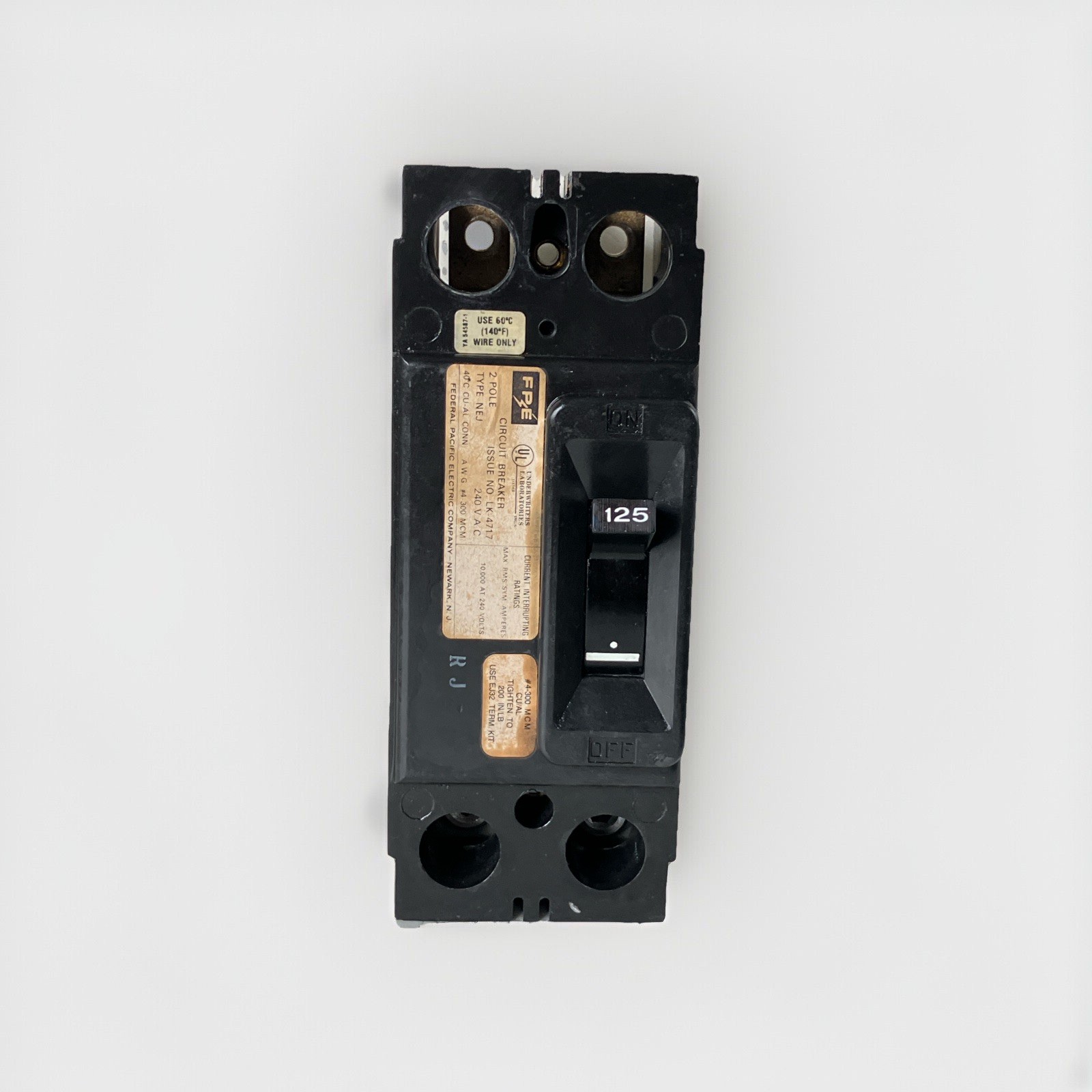 FPE Federal Pacific NEJ221125 Circuit Breaker Type NEJ 2 Pole 125 AMP 10kA@ 240V