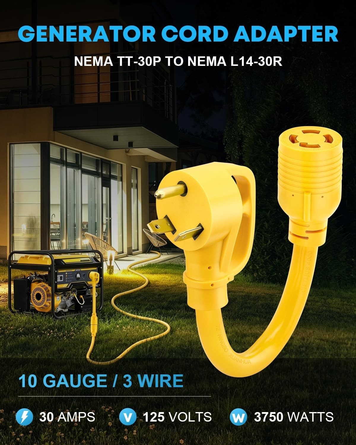 30 Amp Generator Adapter Cord, NEMA TT-30P to L14-30R, 3 Prong to 4 Prong, 12»