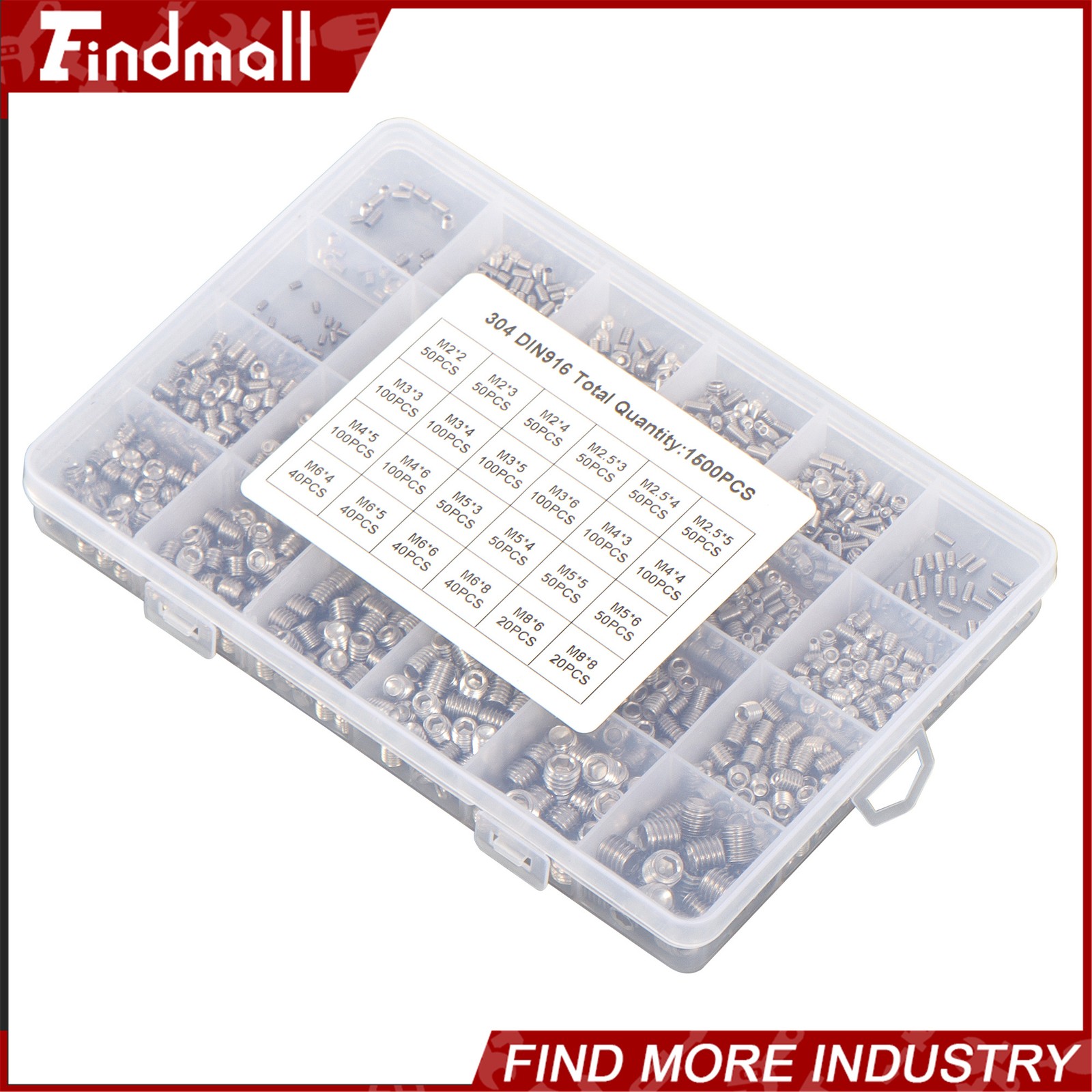1500PCS Fully Threaded Hex Socket Set Screw Assortment Kit 304 Stainless Steel