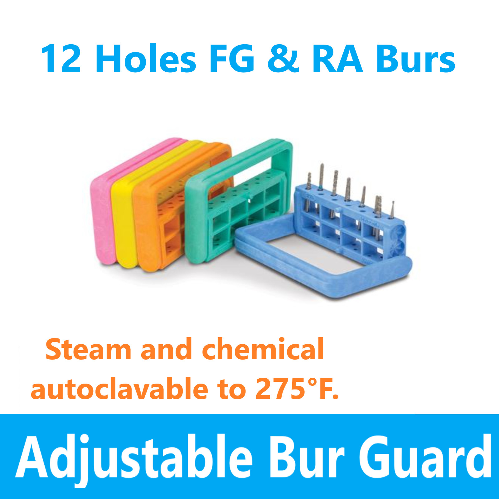 Dental Bur Block RECTANGULAR Lab Bur Guard Holder Station Holds 12 Burs FG, RA
