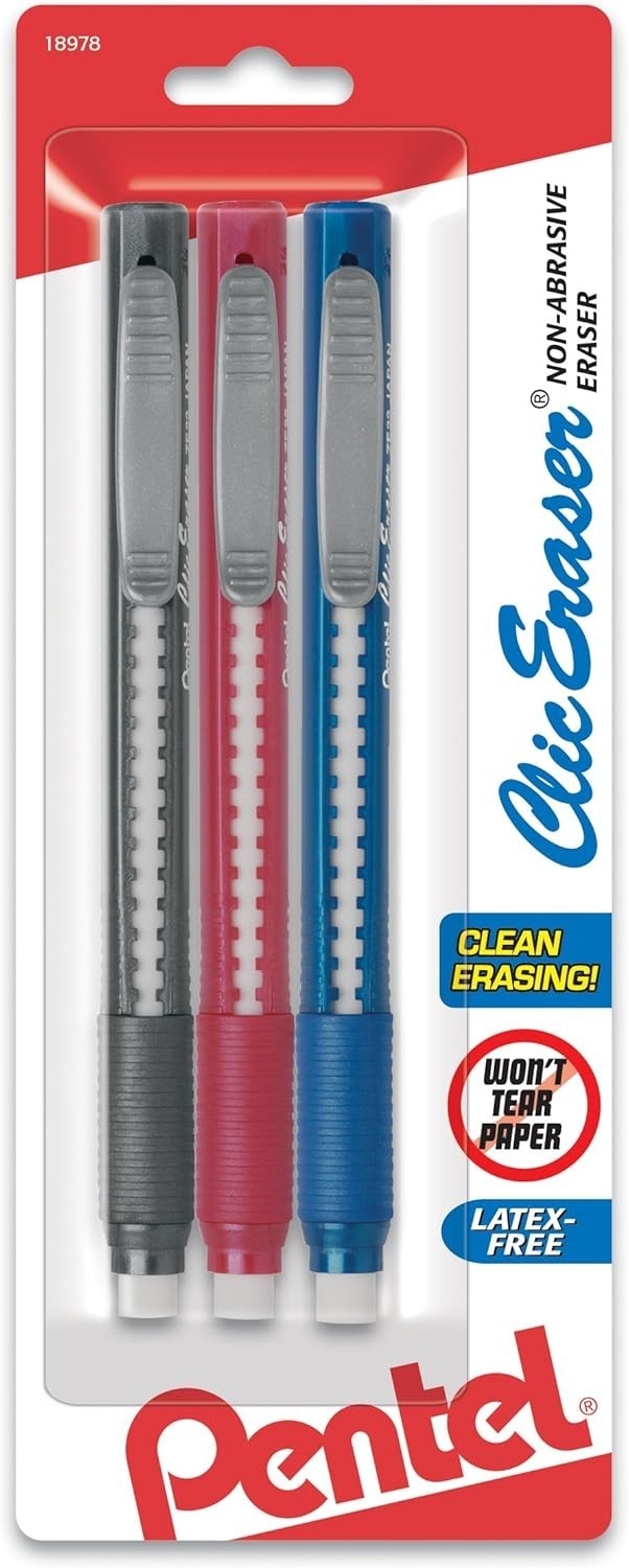Comfortable Grip Retractable Erasers – 3 Pack Assorted Colors for Everyday Use
