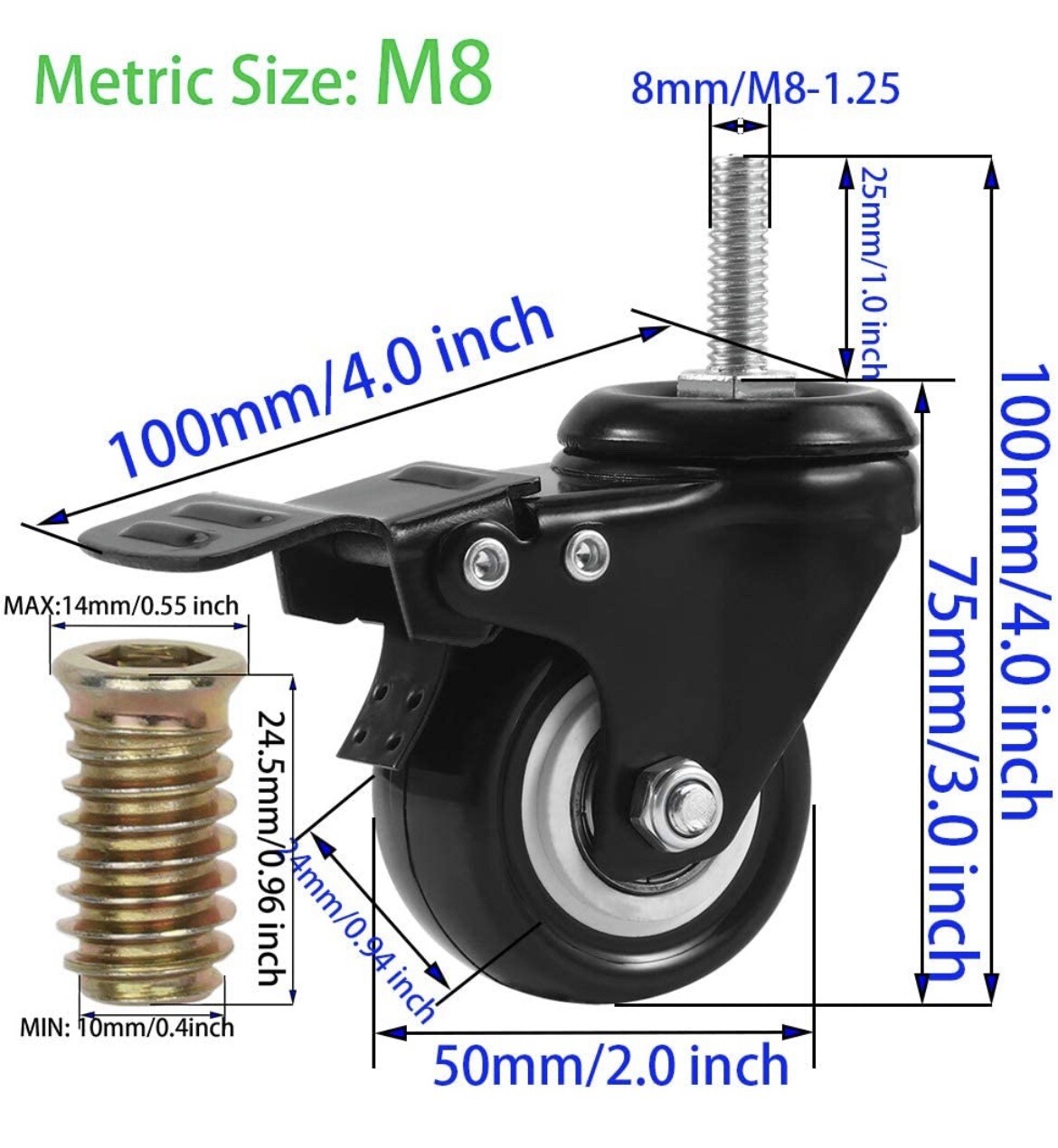 DICASAL Swivel Casters 2 Inch Metric Thread Size Stem Wheels Castors PU Quite…