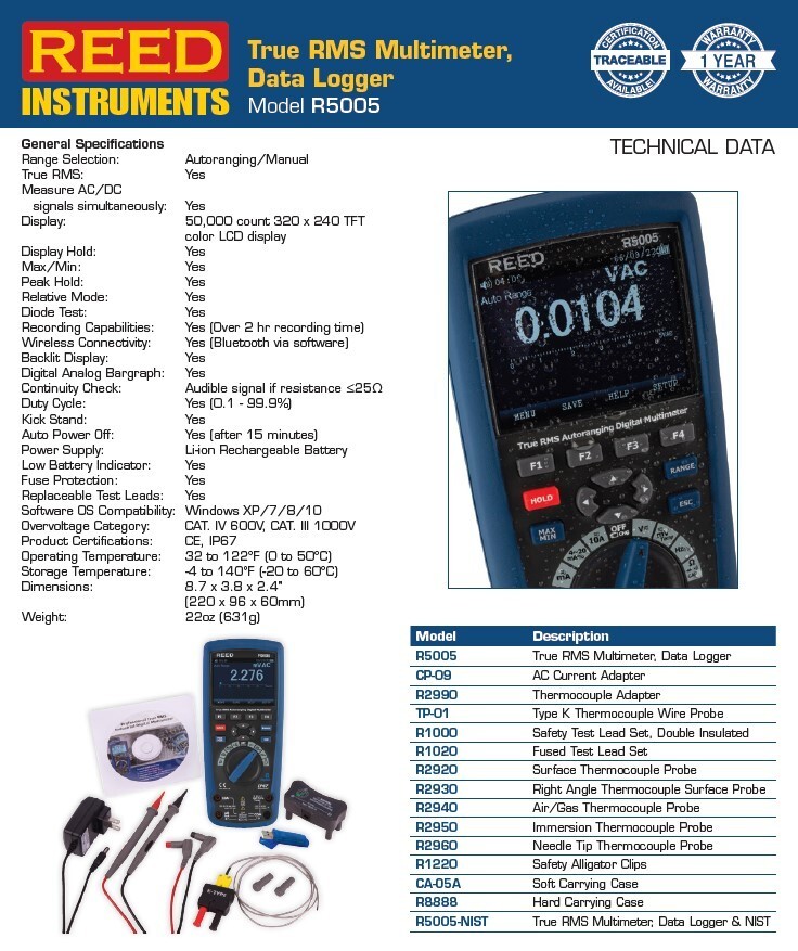REED Instruments R5005 True RMS Industrial Multimeter with Bluetooth