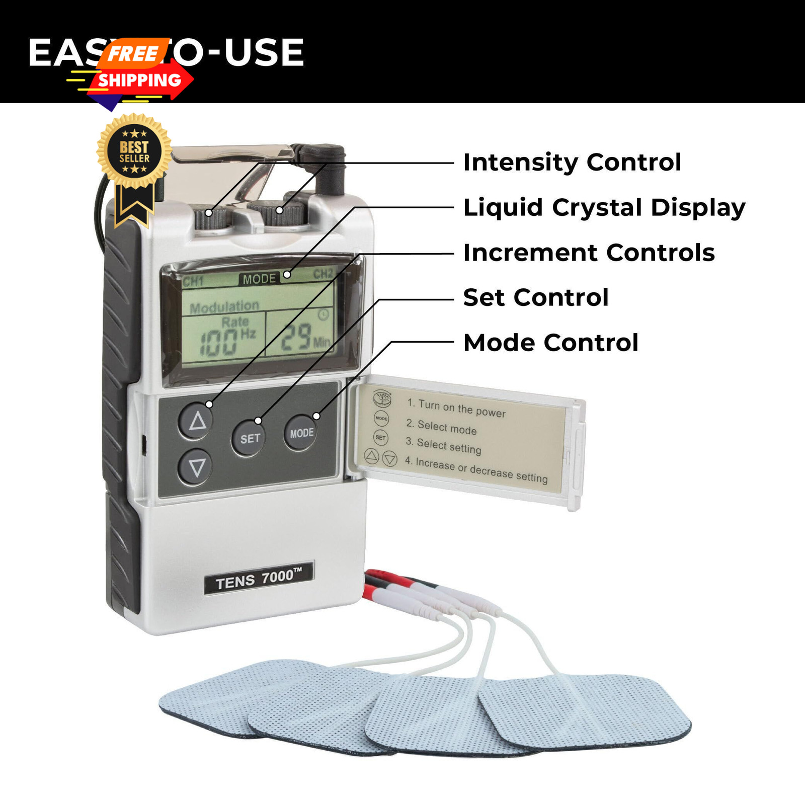 TENS 7000 Digital Unit with Accessories – Muscle Stimulator Black