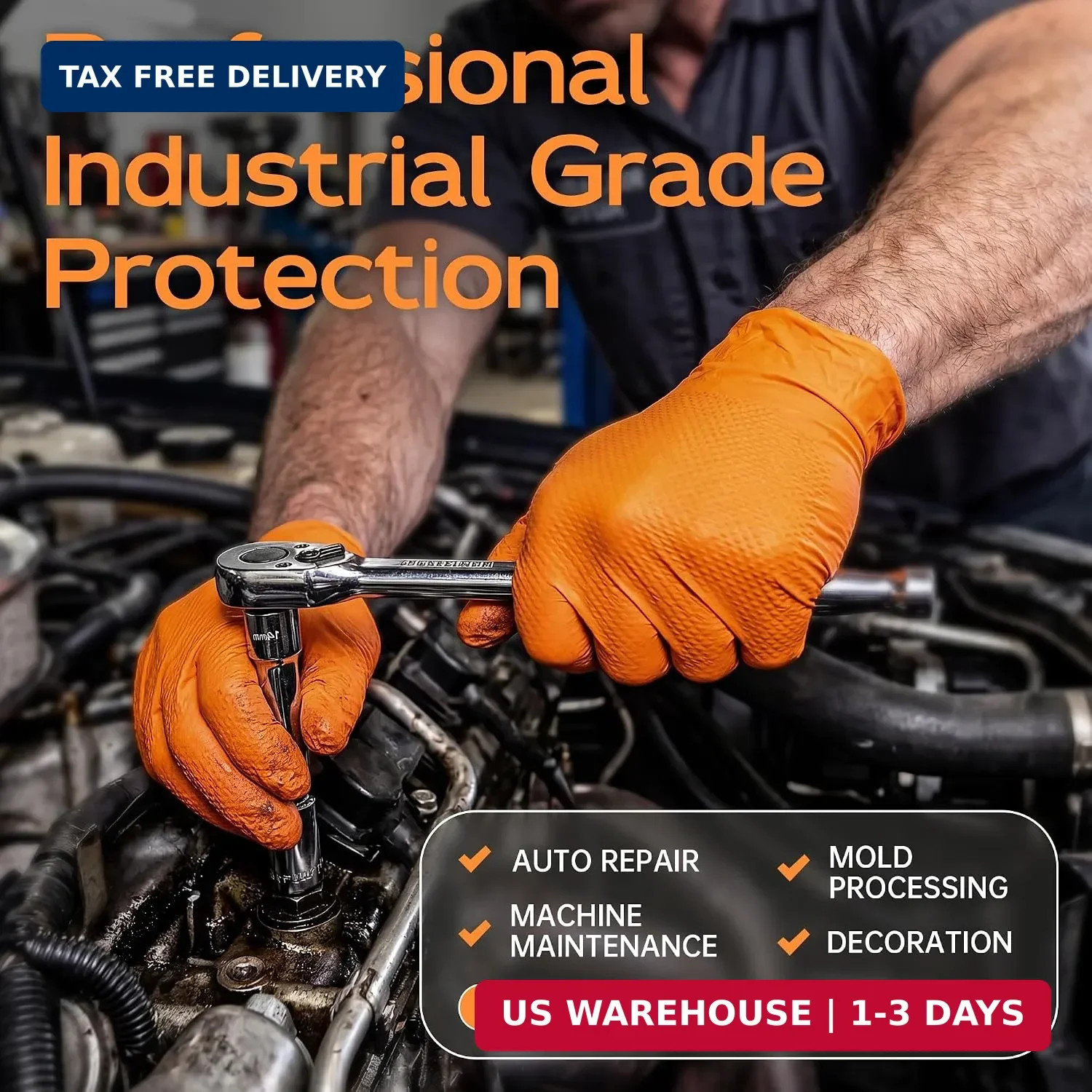HEAVY DUTY 8 Mil Orange Nitrile Gloves, Diamond Textured Disposable Industrial M