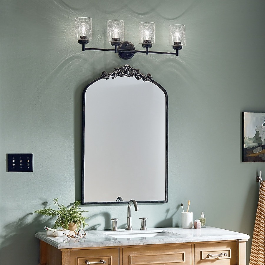 KICHLER Winslow 30″ 4-Light Black Contemporary Bathroom Light with Seeded Glass