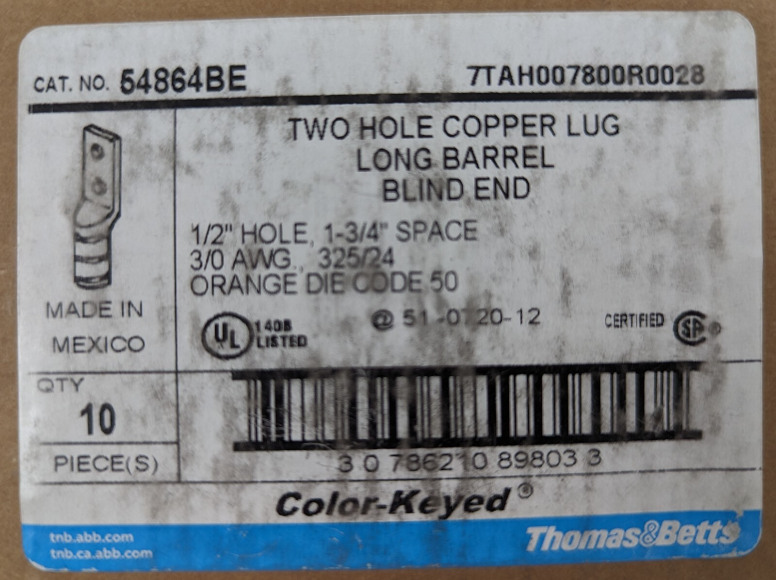 10 Thomas & Betts 54864BE Two Hole Copper Lugs Orange Long Compression Connector
