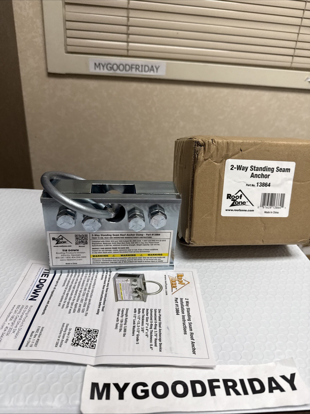 Roof Zone 2-Way Standing Seam Anchor Clamp Tie Down PART No. 13864