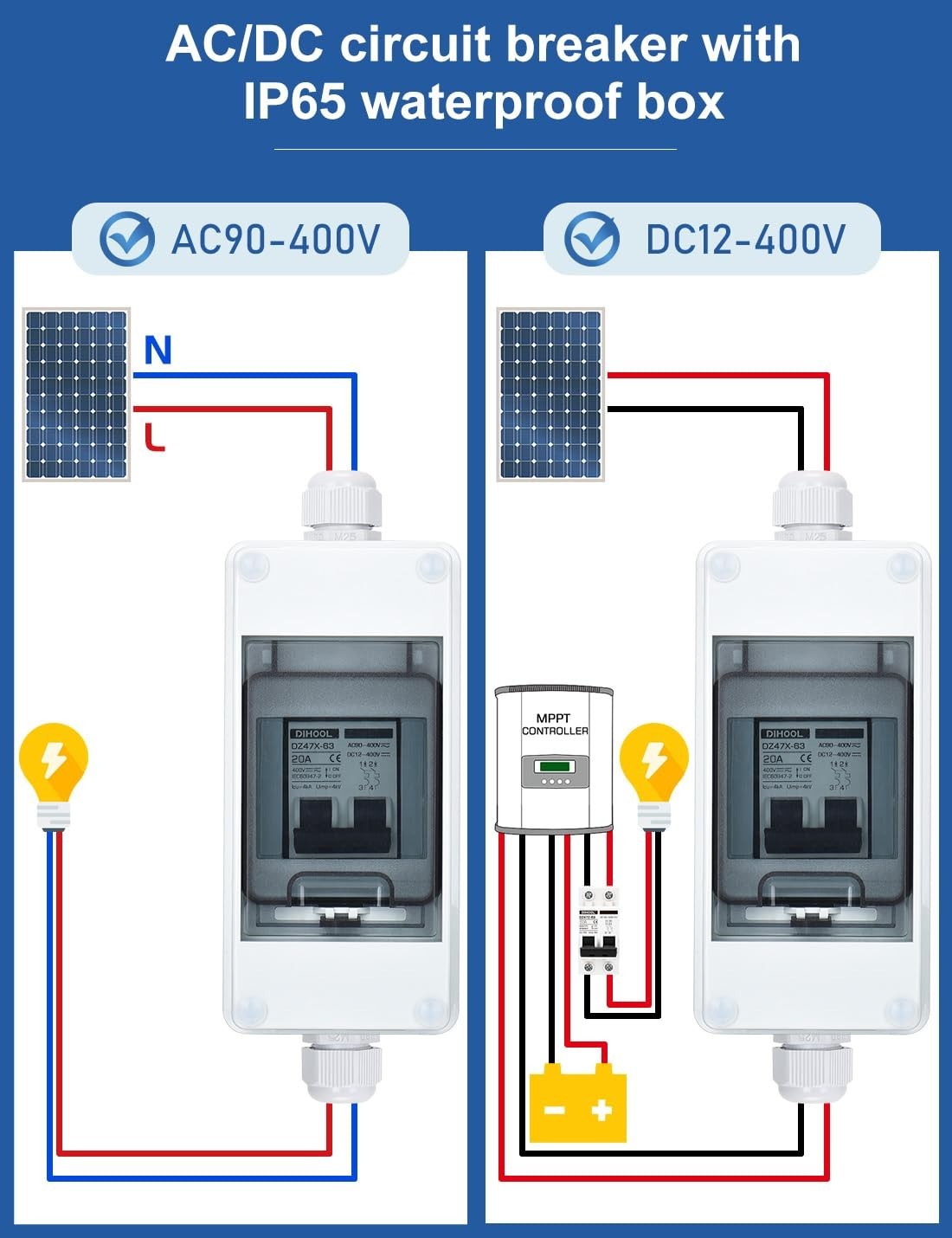 Solar Panel Disconnect Switch 20A Dual Pole IP65, AC DC Circuit Breaker Isolator